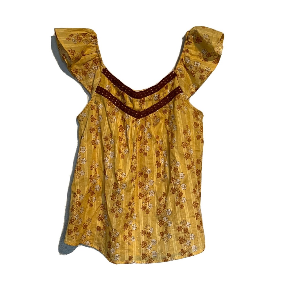 MINE WOMENS TOP BLOUSE PULLOVER SIZE M YELLOW FLUTTER SLEEVE FLORAL COTTON BP